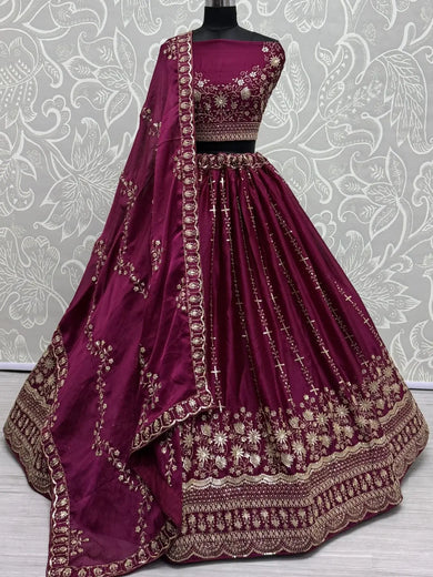 Fabulous Burgundy Zari Work Satin Wedding Lehenga Choli With Dupatta - Ethnic Plus In